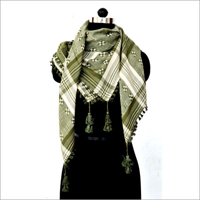 Scarve with Fuman - Cotton, 60x60 cm, Olive Green, Plaid Pattern | Warmth, Comfort, Lightweight, Tassels, Durable