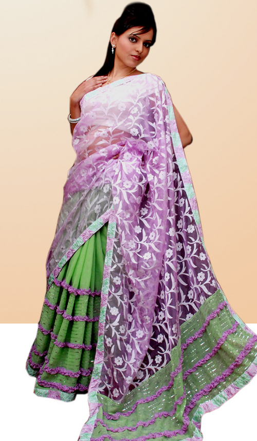 Brasso and Shiffon Georgette Saree - Brasso Pallu, 5.5 Meters, Fluorescent Green | Floral Pattern, Sequin Work, Ruffled Bottom, Matching Blouse