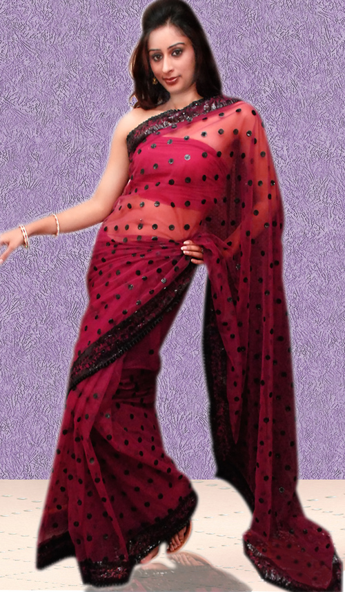 Net Saree - Net Fabric, Wine Color, Satin Border, Resham & Sequin Embroidery | Matching Blouse, Booti Work, Elegant Design