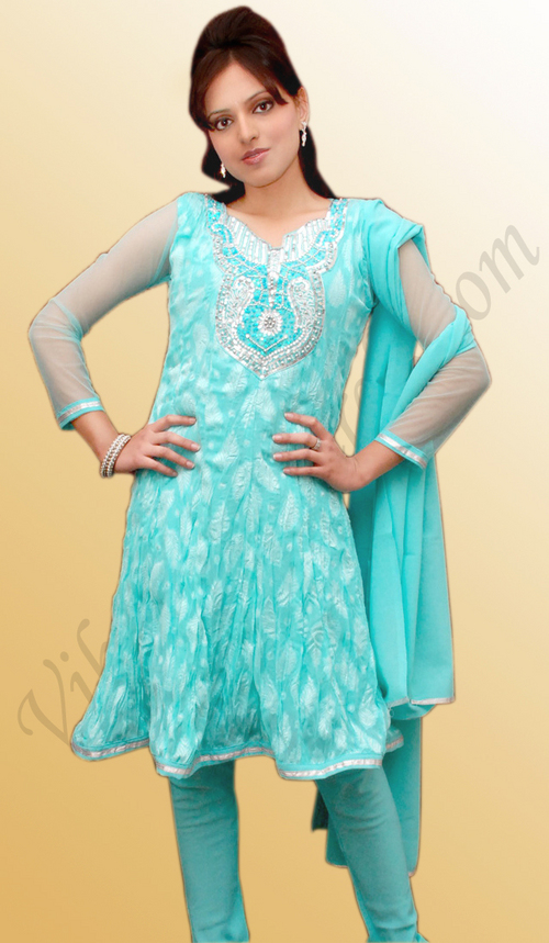 Viscose Faux Georgette Salwar Kameez - Light Bluish Green, Net Sleeves, Sequins Beads Stone Pearls Zari Embroidery, Classic A-Line Design