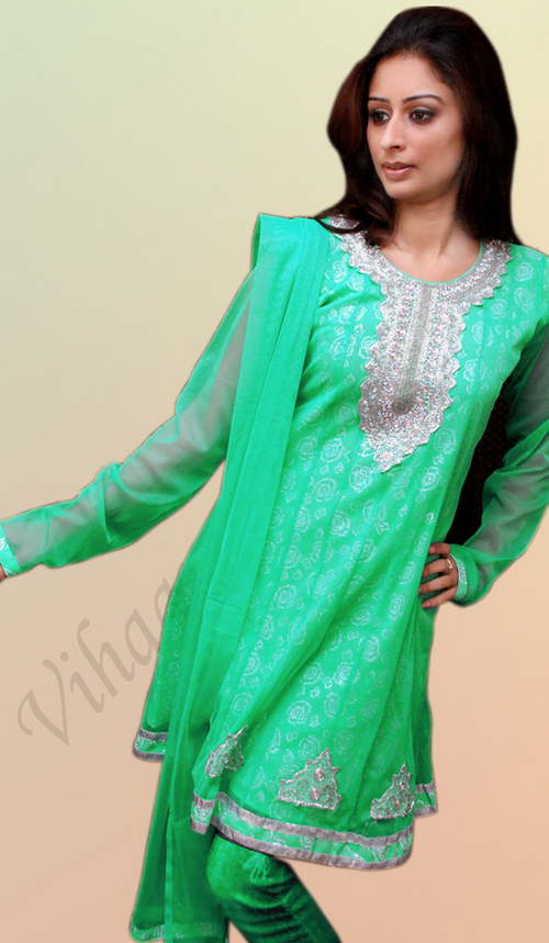 Net Salwar Kameez - Sea Green, Net Fabric, Hidden Half Sleeves, Matching Dupatta | Resham, Sequins, Silver Embellishments, Elegant Design