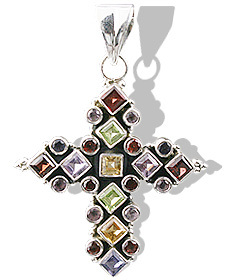 Multi-stone Pendant - Sterling Silver, 2 Inch, Multi-color | Handmade, Cross Pendant, Elegant Design