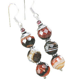 Jasper Earrings - 1.5 Inch, Black/Brown Jasper, Silver Beads | Faceted Round Cut, 9mm Stone, Elegant Design