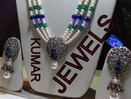 QUEEN'S MALA SET - Pearls, Crystals, Alloy, White with Peacock Pendant, Three Layers, CZ Stones, Matching Earrings