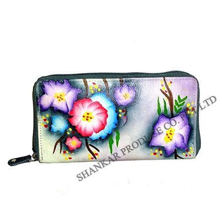 Leather Hand Painted Ladies Purse  Blue Floral