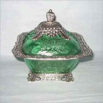 Silver & Green Indian Glass Dryfruit Case