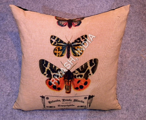 Butterfly Artwork Print Cushion - Cotton Fabric 16x16 Inches Beige, Hidden Zipper, Soft Comfort, Durable