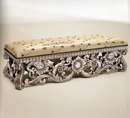 Bench - Solid Wood, 0.31 CBM, Antique Gold/Silver Finish | Elegant Design, Leather/Fabric Upholstery, Comfortable Seating