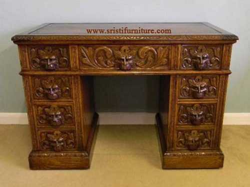Wooden Writing Table - Oak Wood, 36x24x30 inches | Six Drawers, Polished Finish, Intricate Carving, Antique Style
