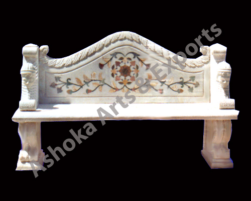Marble Garden Inlay Work Bench - Durable Marble Variable Dimensions Off-White | Intricate Inlay Seamless Edges Weather Resistant Polished Finish