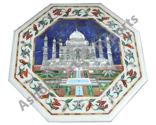 Octagonal Tabletop - Marble, Polished Finish, White | Intricate Fine Carving, Elegant Design, Custom Sizes