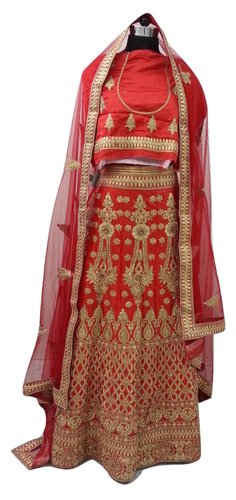 Designer Wear Salwar - Silk Fabric, Size L, Red Color | Beaded and Embroidered Long Sleeve Lehenga Choli with Sequins and Laces