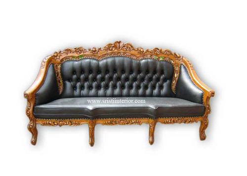 Sofa - Leather/Fabric, 90x187x75 cm, Mahogany Wood, Antique Style, Handcrafted Quality