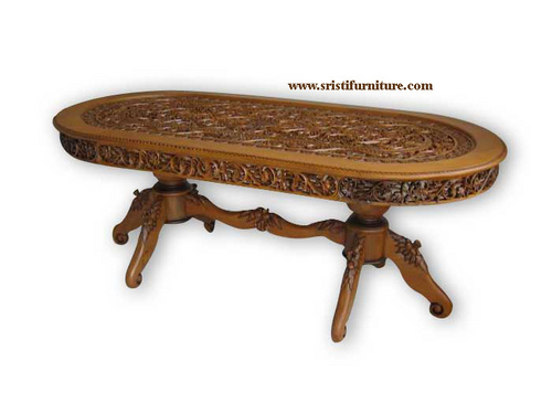 Wooden Dining Table - Wood, 48x24x18 inches | Intricate Carvings, Oval Design, Seating 6-8, Polished Finish