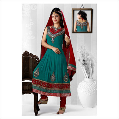 Ladies Fancy Suits - Silk Fabric, Sizes S-XL, Teal Color | Hand Embroidered Anarkali, Elegant Design, Sleeveless Festive Wear, Customizable with Perfect Finish and Rich Looks