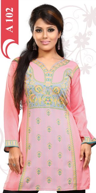 Crepe Kurtis Exporters India - Crepe, Knee-Length, Pink | Soft Fabric, Stylish Design, Comfortable Fit, Elegant Look, Durable Material, Trendy Style, Perfect Fit, V-Neck, Printed Pattern, Long Sleeve, Multiple Sizes