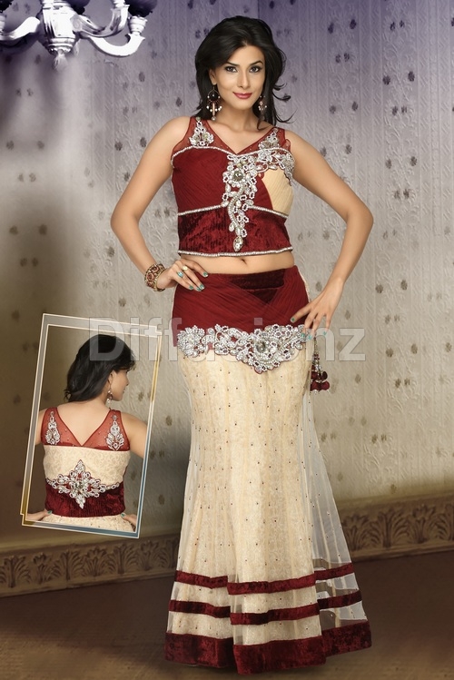Fish Cut Lehnga - Net Velvet Fabric, Floor Length, Maroon | Elegant Design, Intricate Embroidery, Comfortable Fit