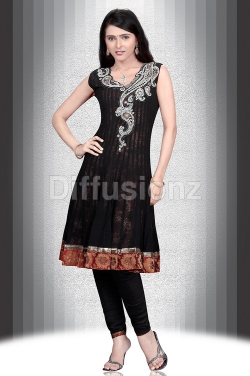 Knee Length Anarkali - Net Fabric, S-XL, Black | Embellished Neck, Silver Embroidery, Sleeveless, Comfortable Fit