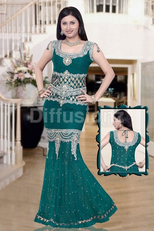 Fish Cut Lehnga - Silk Blend, Custom Size, Teal | Silver Thread Embroidery, Elegant Design, Comfortable Fit
