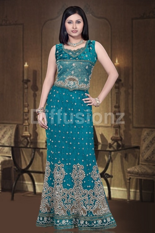 Fish Cut Lehnga - Net Material, 54 Inches, Teal | Zardozi Embroidery, Elegant Design, Comfortable Fit, Customizable Size