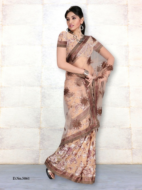 Designer Sarees Indian Exporters - Silk Blend 5.5 Meters Beige, Floral Embroidery | Elegant Design, Fine Embroidery, Perfect Fit