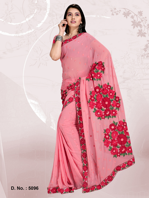 New Designer Sarees Maker of India - Silk, 5.5m Length, Pink | Floral Embroidery, Elegant Design, Comfortable Wear