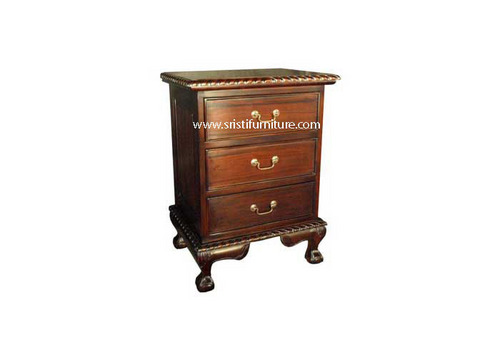 Bed Side Table - Teak Wood, 60x45x45 cm, Dark Brown, Three Drawers, PU Finish, Classic Style