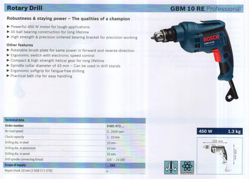 GBM 10 RE Professional - Metal/Plastic, 280mm, 650W, 0-3000 rpm | 10mm Chuck, Powerful Motor, Precise Drilling, Easy Handling