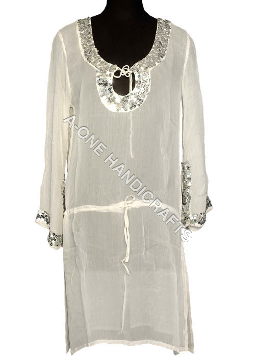 Drawstring White Hand Beaded Kaftan