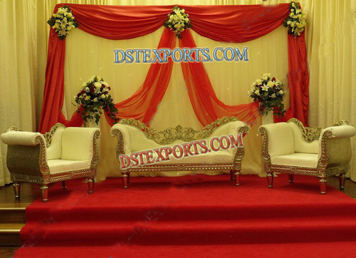 Beautiful Wedding Gold Sofa Set - Wood Fabric, Off-White, Varied Sizes | Elegant Traditional Design, Royal Look, Durable Comfortable Seating