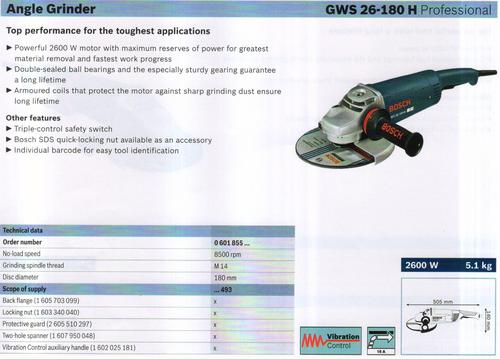GWS 26-180 H Professional - Metal/Plastic, 180mm Disc, 2600W | Powerful Motor, Precise Control, Switch Lock