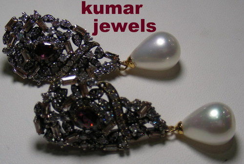 92.5 Diamond Mughal Earring - Silver Alloy, 30-40mm, Adjustable Pearl Dropping | CZ Stones, Elegant Daily & Party Wear Gift