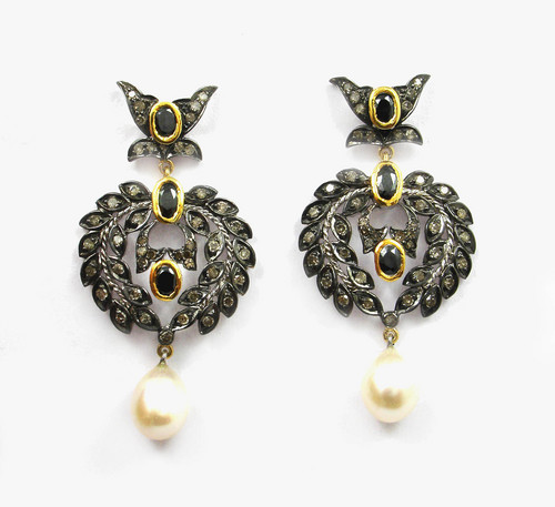 11.31 CT REAL DIAMOND ONYX AND PEARL VICTORIAN EARRINGS