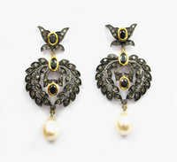 11.31 Ct Real Diamond Onyx And Pearl Victorian Earrings