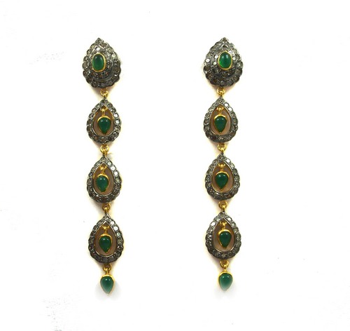 3.86 CT REAL DIAMOND AND CREATED EMERALD VICTORIAN EARRING