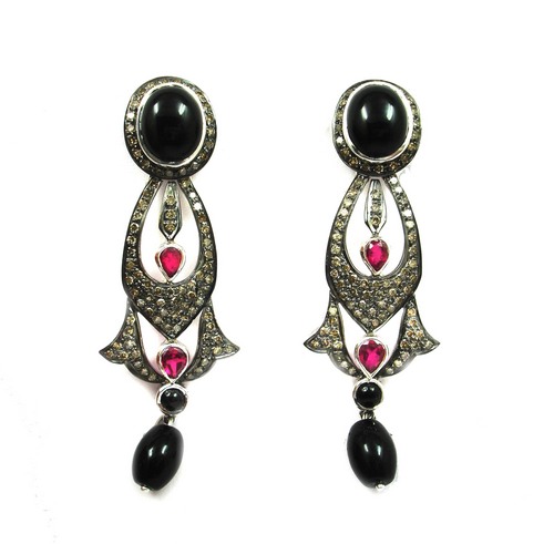 17.05 CT REAL DIAMOND AND BLACK ONYX VICTORIAN EARRING