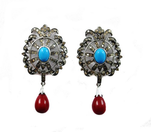 15.01 CT REAL DIAMOND AND BLUE AND RED SPINYL VICTORIAN EARRING