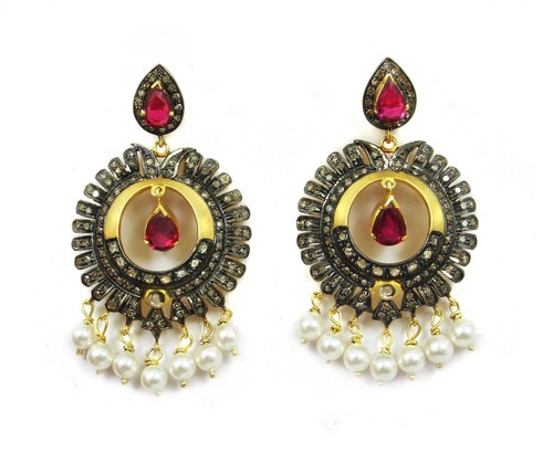 15.55 CT REAL DIAMOND RUBY AND PEARL VICTORIAN EARRING
