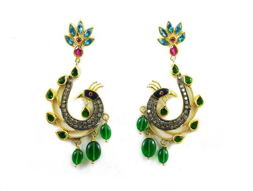 9.18 CT REAL DIAMOND CREATED RUBY EMERALD AND MEENA WORK PEACOCK VICTORIAN EARRINGS