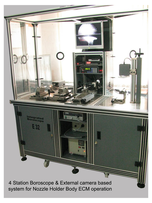 Four station boroscope for nozzle holder body