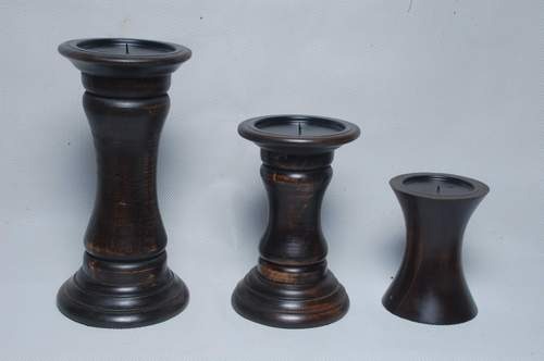 Wood Wooden Pillar Candle Holder Set