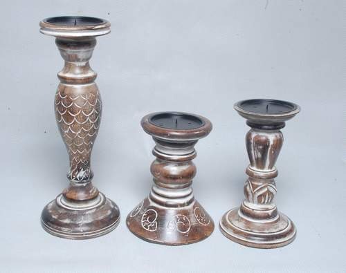 Wooden Carved Pillar Candle Holders