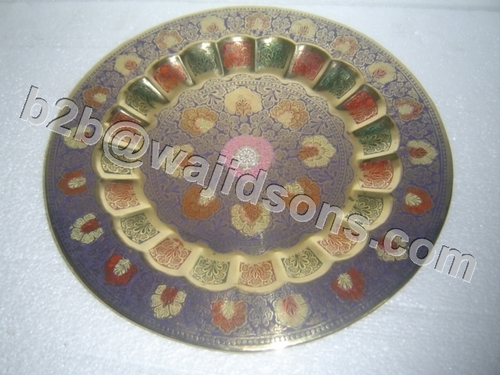 Decorative Round Tray - Brass 29cm Diameter, Purple Floral Design, Handcrafted Elegant Details