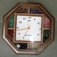 Big Gem Stones Teak Wood Wall Clock - Teak Wood, 12x12 Inches, Brown, Quartz Movement, Octagonal Shape, Gemstone Accents, Mineral Glass, Elegant Design