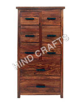 Wooden C D Cabinet - Sheesham Wood, 48x30x12 Inches | Eight Drawers, Natural Finish, Metal Handles, Traditional Style