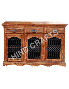 Wooden SideBoard with Jali - Sheesham Wood, 48x16x30 inches | Three Doors, Three Drawers, Intricate Jali, Natural Polish