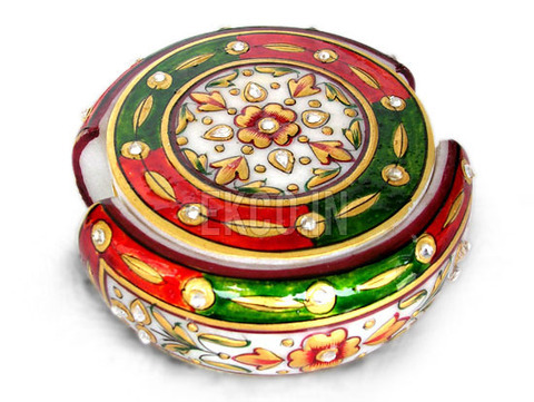 Marble Coaster Set - Marble Material, 4x4 Inches, White Color | Handcrafted Meenakari & Kundan Work, Heat Resistant, Elegant Design, Gift Boxed Set of 2 Coasters