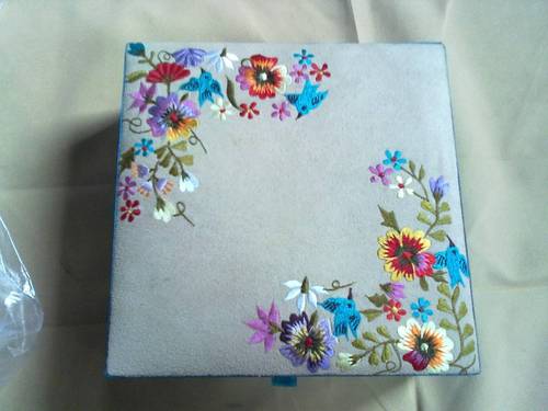 Jewellery Storage Trays Boxes - Fabric & Wood, 10x10x5 cm, Grey | Floral Embroidered, Lid Closure, Elegant Design, Gift-Worthy