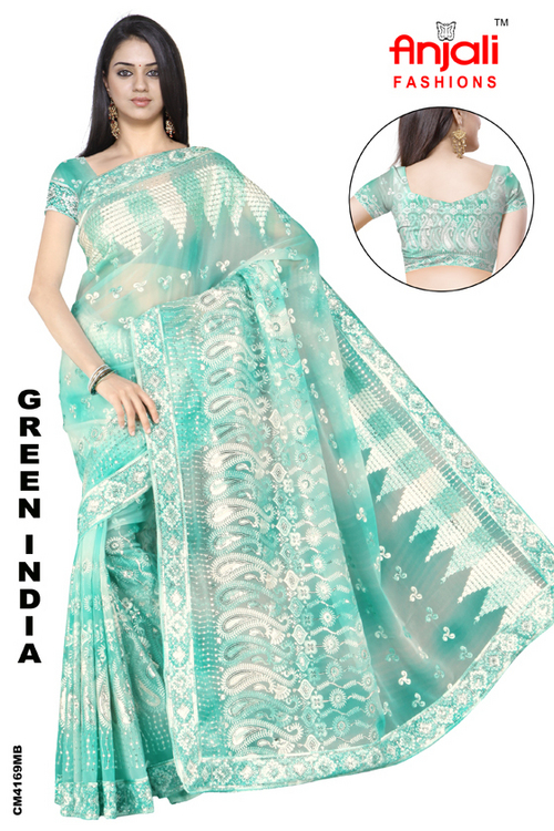 Embroidered Sarees - Silk 5.5 Meters, Green | Hand-Embroidered, Elegant Design, Soft Fabric, Wedding Suitable