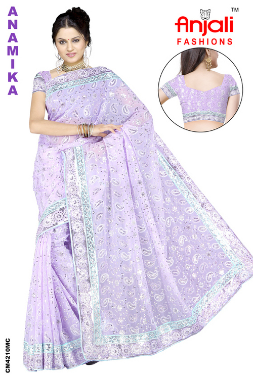 Designing Sarees - Silk 5.5m, Lavender Floral, Handcrafted Embroidery | Elegant Design, Soft Fabric, Comfortable Wear
